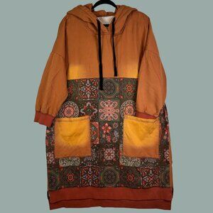 Chic Hooded Oversized Patchwork Cotton Pullover Bold Sweatshirt Dress Fall Boho